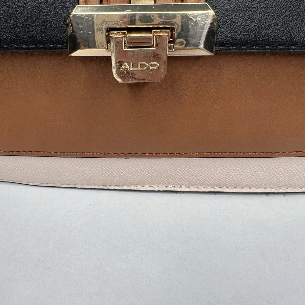 Aldo Handbag Black Brown Cream Purse Satchel Crossbody Gold Accents Trendy Scarf